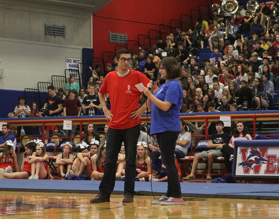Zach Freeman and Elise Barber represent WIT and the drama department during the Spring Pep Ralley on March 4 in the Fieldhouse Gym.