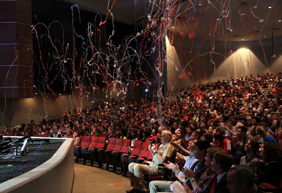 Indoor streamers explode during the Veterans Day Assembly in the PAC on Nov. 11.
