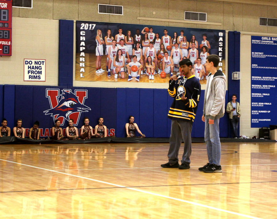Seniors Aro Majumder and Conor OBryon represent the Westlake Featherduster at last Thursdays pep rally. They advertised our newest issue, The Game of Life.