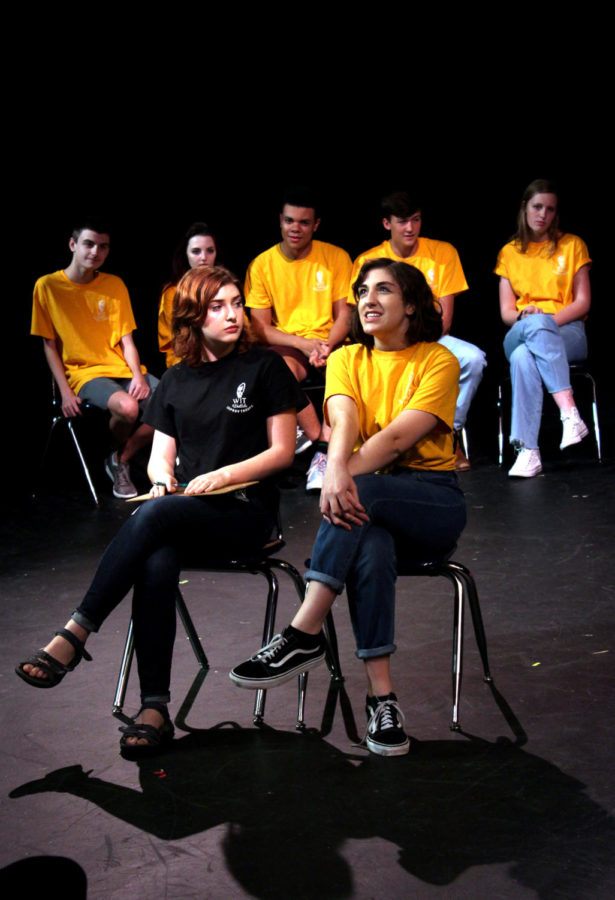 Captian of the Westlake Improv Troupe Senior Caroline Ellenthal and Sophomore Mina Mashhoon play a game of Bus Stop. This took place at the last WIT show which was held in the black box theatre.