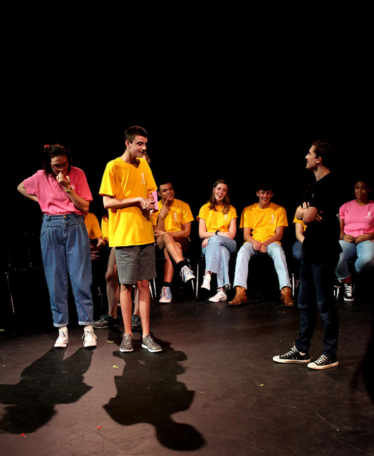 Junior Emerson Stack, Senior Preston Maund, and captain of WIT Senior Ty Bock perform in the final Westlake Improv Troupe show of the year. The event was held on April 6th in the Black Box theatre.