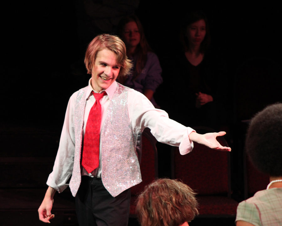 Freshman Baxter Lowrimore sings during the schools performance of Alexander & the Terrible, Horrible, No Good, Very Bad Day at Westlake high school on Nov. 15. Baxter played the role of the shoe salesman in the play.