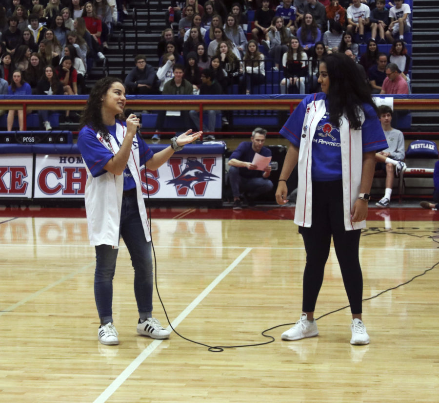 Seniors Cristina Salas and Saanya Bhargava from the varsity robotics team called 468 Team Appreciate tell the school about their achievements this year.