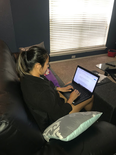Austin-American Statesman reporter Luz Moreno-Lozano works on her story assignments from home April 29 during the COVID-19 pandemic. The newspaper’s offices are currently closed for safety reasons, and everything has moved online.