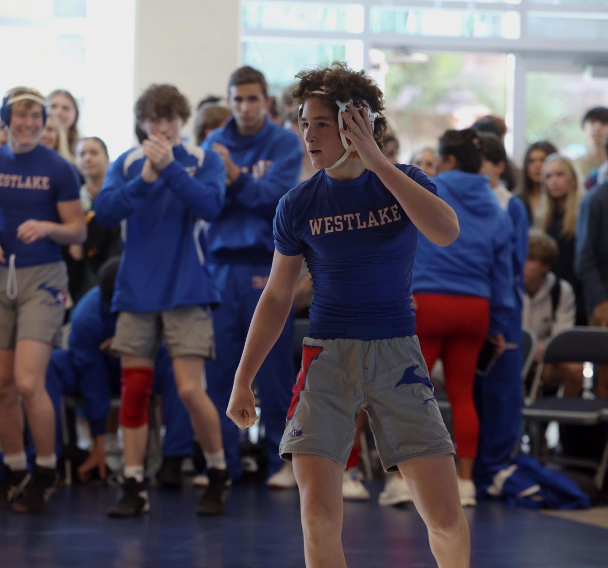 Freshman Nico Maurici prepares for his duel  at the 15 annual Lunch Room Brawl Jan. 12. His teammates and fellow students cheered him on.