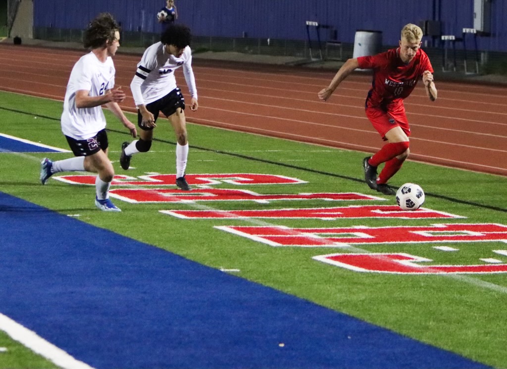 Attacking midfielder senior William Fagerberg dribbles down the right sideline in the second half of the Chaps' 2-0 playoff win over Round Rock at Chaparral Stadium Tuesday March 26. The Chaps will face San Antonio Madison in the second round. 