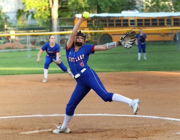 Pitcher sophomore Eden Matt throws a speedy pitch to Akins High School during the first inning at Butler Field March 26. Matt helped shutout the Eagles and contributed to the Chaps 12-3 win.