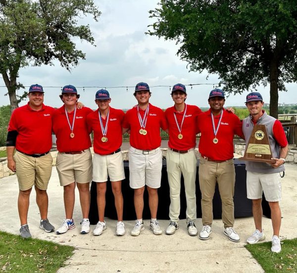 The varsity boys golf team poses for a photo following their win in the regional championship Wednesday, April 17. The Chaps will go for a seventh consecutive state title in the state tournament the week of April 29. 