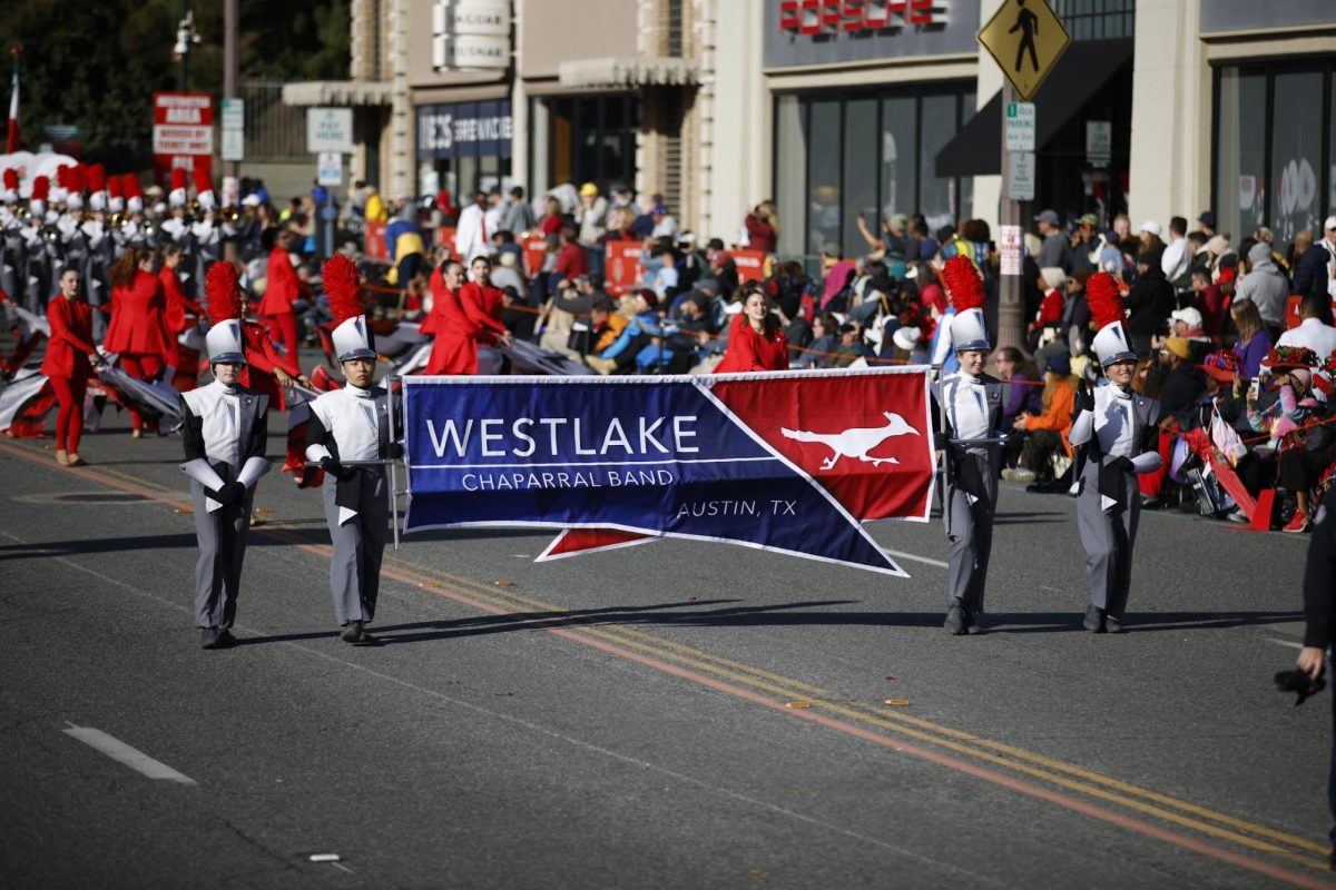The Chap Band marches down Colorado Boulevard at the beginning of the parade in California Jan. 1. The band marched to a medley of “Deep in The Heart of Texas” and “Miles and Miles of Texas.”