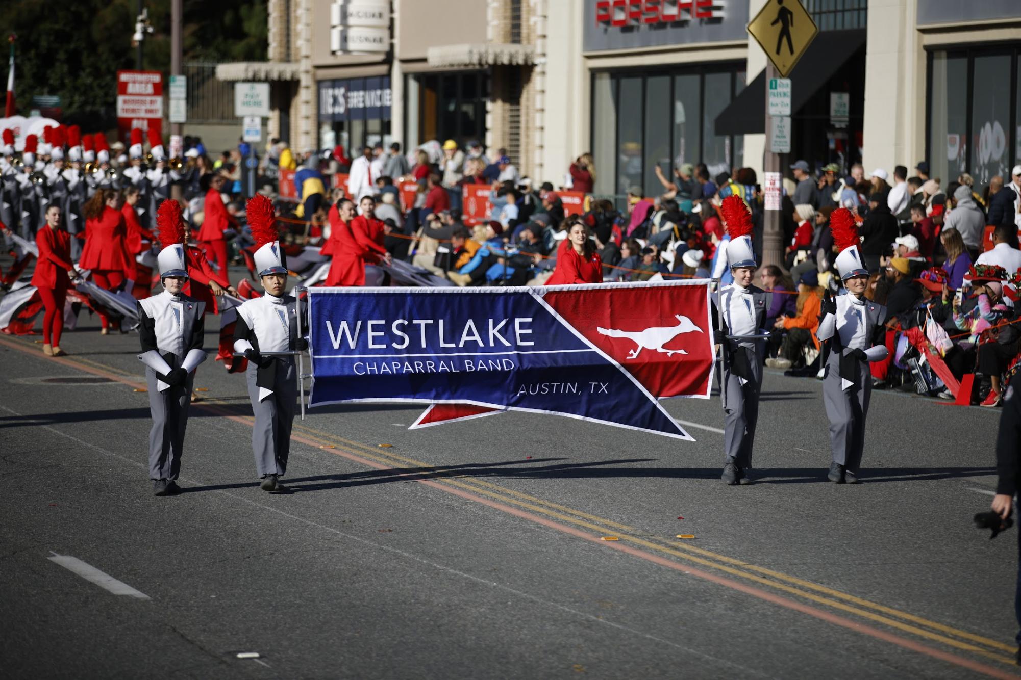 The Chap Band marches down Colorado Boulevard at the beginning of the parade in California Jan. 1. The band marched to a medley of “Deep in The Heart of Texas” and “Miles and Miles of Texas.”