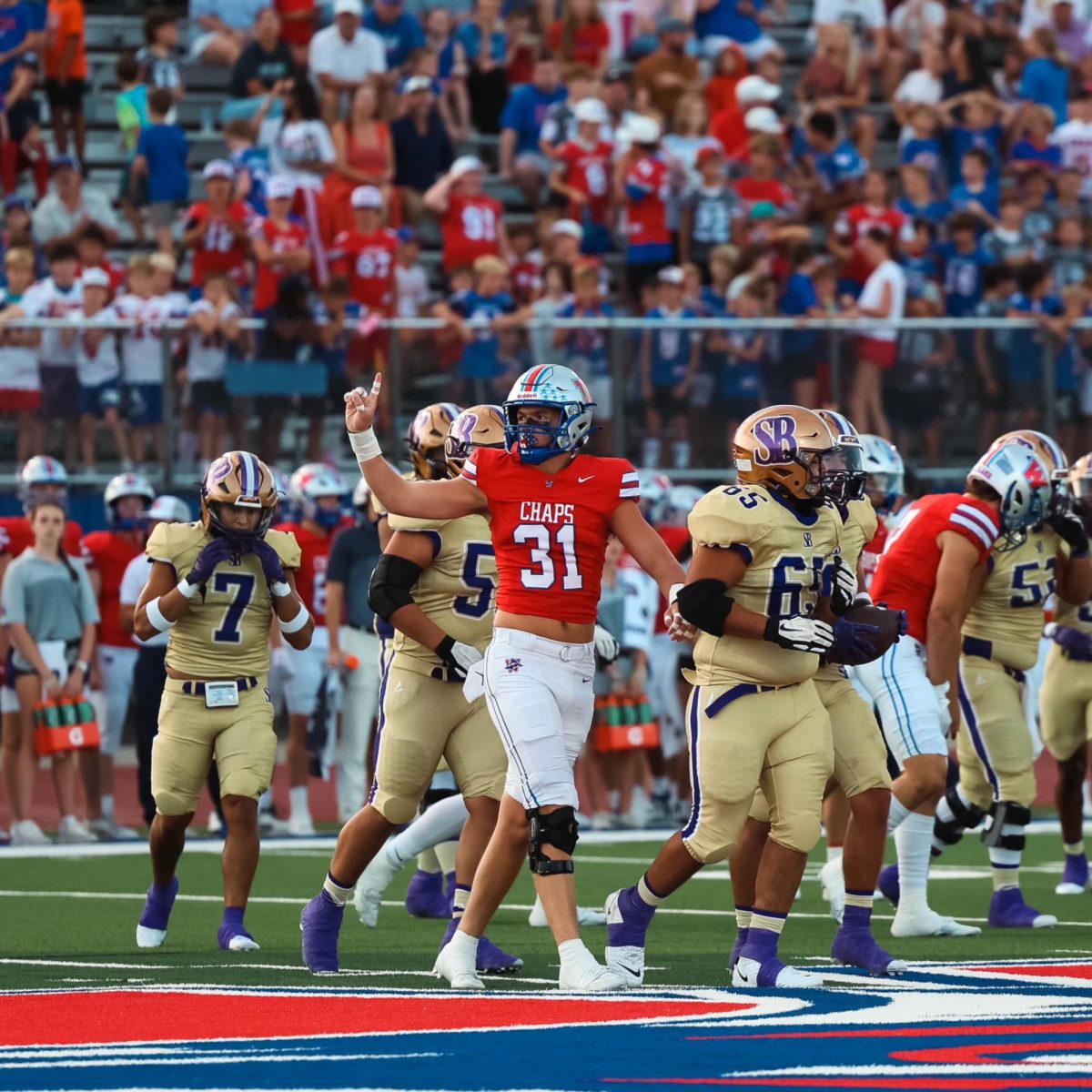 Senior linebacker Elliot Schaper celebrates a tackle for loss against San Benito Sept. 6 at Chaparral Stadium. The Chaps won 63-7. 