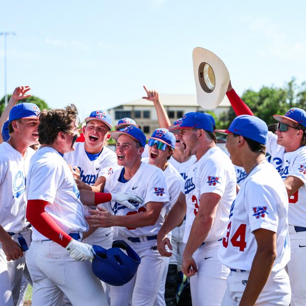 As he rounds the bases, shortstop senior Luke Nogalski celebrates a two-run homer in the third game of the Chaps’ playoff series against Vandegrift May 5. Westlake won 8-4, advancing to face Brandeis in the area championship.