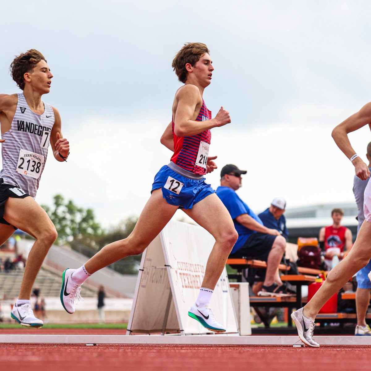 One of two Chap athletes to compete in the Texas Relays March 29, junior Grant Seade keeps his pace in the 1600 m race. Seade finished in 4:14.88, taking fifth place and just hundredths of a second shy of the school record of 4:14.69.
