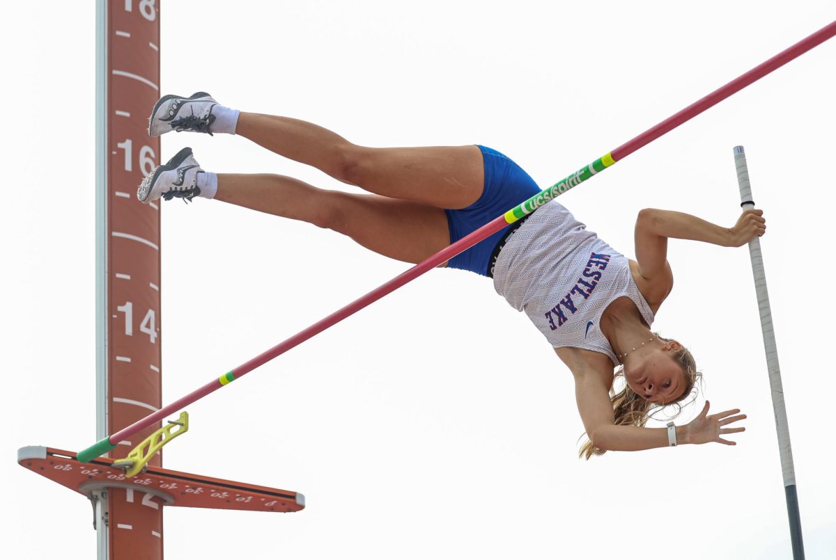 Sailing over the bar, vaulter junior Taylor LaBarge competes in the Texas Relays March 29 as one of two Chaps. LaBarge finished ninth with a final jump of 3.40 M. 