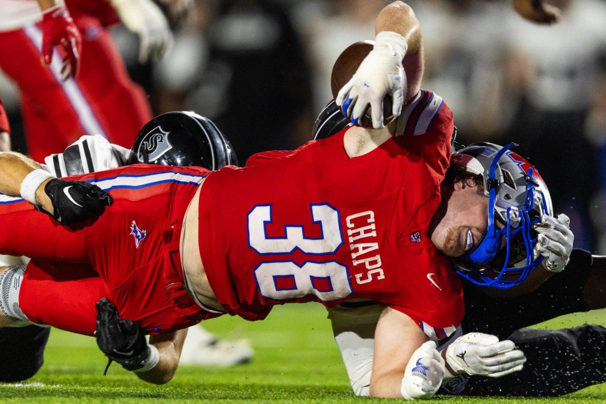 Senior running back Sebastian Henault (38) dives towards the end zone in the second half of the Chaparrals victory over the Steele Knights at Chaparral Stadium in West Lake Hills, Sept. 19, 2025. (Joe Nogalski/Westlake Featherduster)
