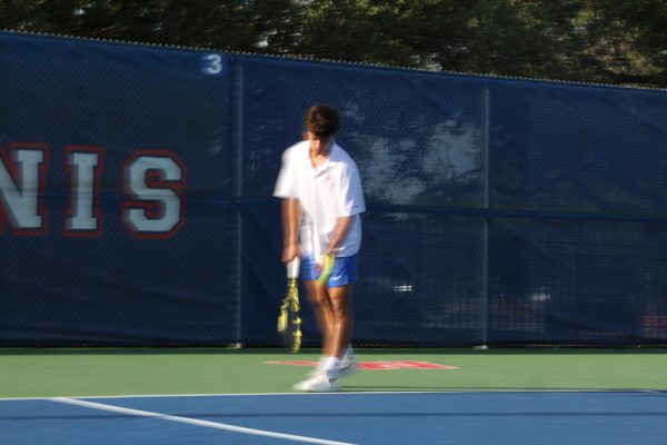 Senior Daniel Holzer competes in his singles match Thursday at Westlake against Westwood. Holzer took two of the Chaps three wins on the day