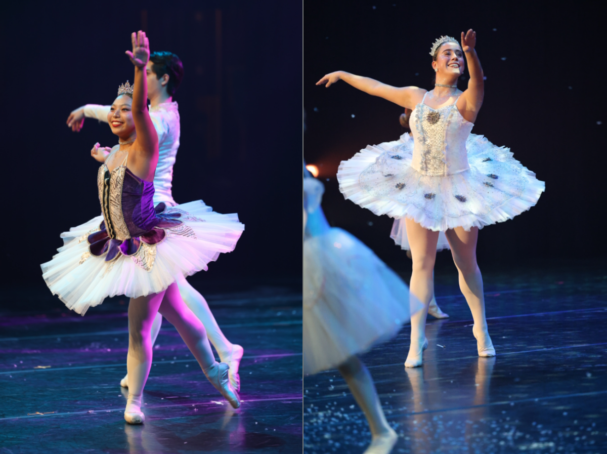 Seniors Jessica Lin performing as the sugar plum fairy and Brooke Frischhertz as the snow queen Dec. 14, 2024. Both dancers have been apart of The Nutcracker Spectacular for the past decade. 