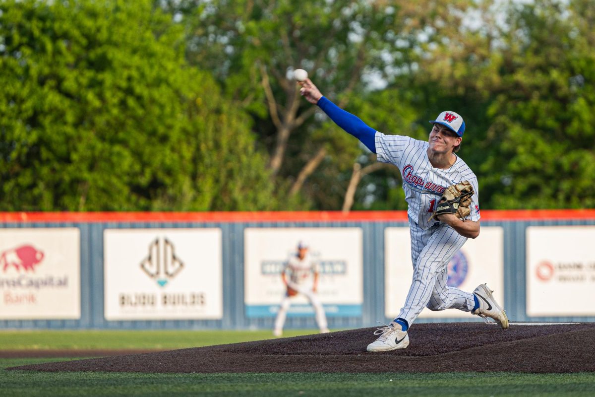 Senior pitcher Hayes Brodhead throws the ball to a batter in the 2-1 win over Bowie April 1 at Woerner Field.