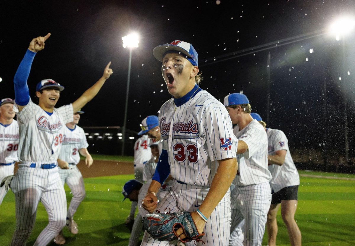 Sophomore pitcher Nick Thompson celebrates following  the Westlake Chaparrals 8-4 win over the Vandegrift Vipers May 2 at Vandegrift High School.