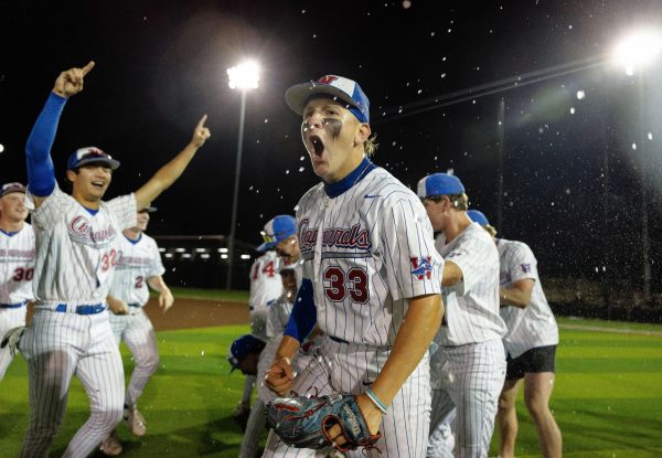 Sophomore pitcher Nick Thompson celebrates following  the Westlake Chaparrals 8-4 win over the Vandegrift Vipers May 2 at Vandegrift High School.