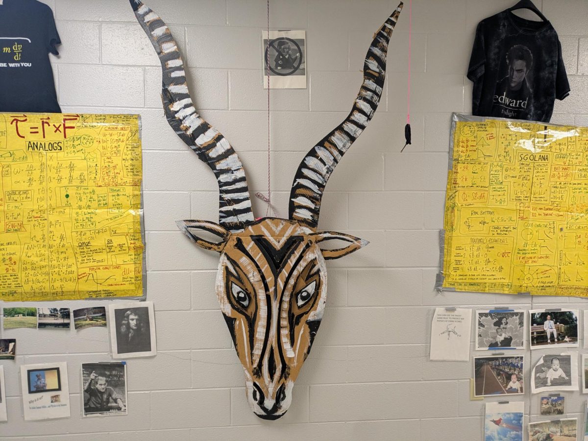 The "Physics Wall" sits in the physics hallway in the days leading up to AP tests. The wall includes a formula sheets, "sacrificed" bananas and a giant gazelle head.